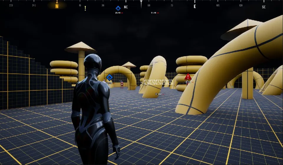 In game: the compass strip at the top, a player mark, and danger and item markers in the arena.