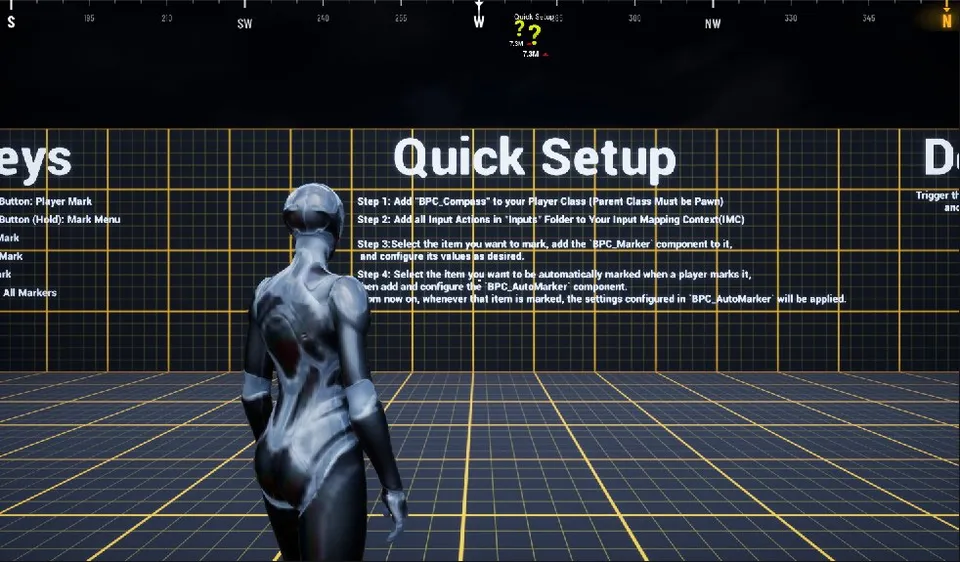 The Quick Setup text in the demo level has a BPC_Marker of type Objective, and it shows on the compass under that name.
